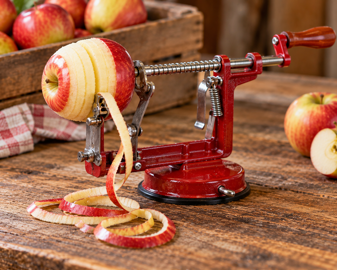 Traditional hand-cranked apple peeler