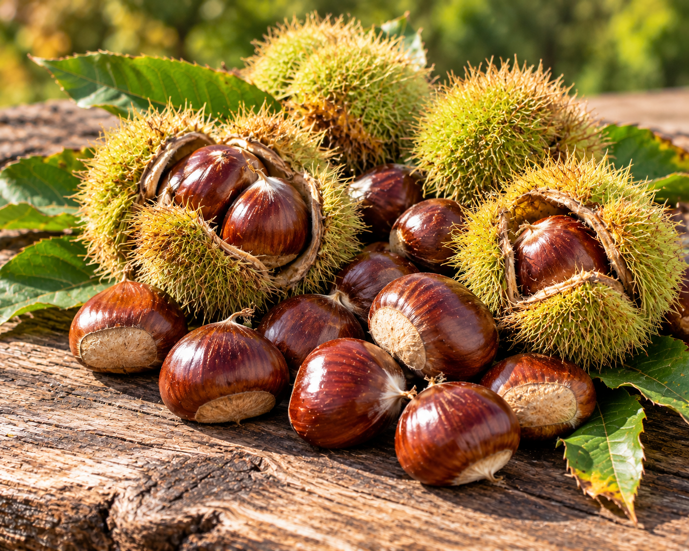 Freshly harvested chestnuts with spiky green husks