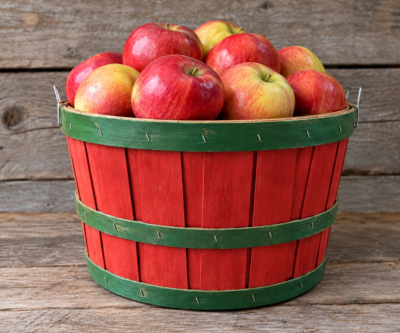 Red half-bushel apple basket with green bands